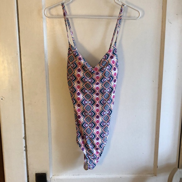 NWOT Anthropologie lace back geometric multicolor one piece swimsuit L - Picture 6 of 13